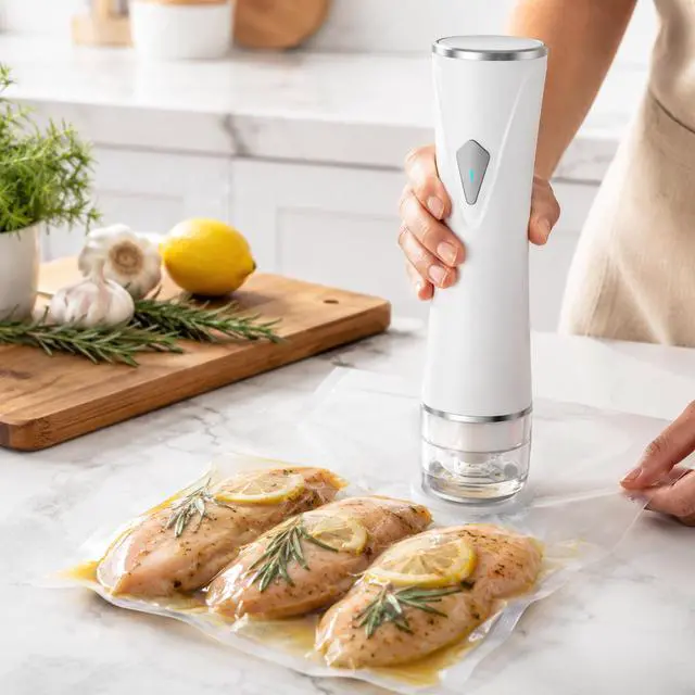 Alt view image 7 of 7 - Compact Vacuum Sealer for Food with Visible Tank, Handheld Vacuum Sealer Machine with 30 Reusable Bags (15S + 15M) for 5X Longer Freshness, Wireless and Portable Food Sealer, White