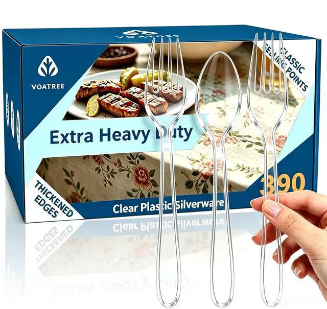Main image of 390 Count Heavy Duty Disposable Clear Plastic Forks and Spoons,Bulk