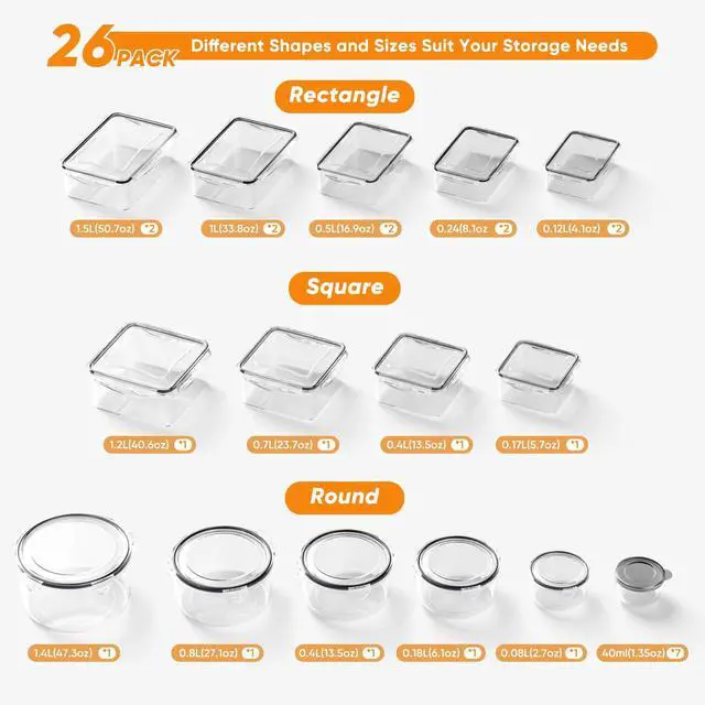 Alt view image 2 of 7 - 52 Pcs Food Storage Containers with Lids Airtight (26 Containers & 26 Lids) - Leakproof Meal-Prep Container for Kitchen Storage and Organization, Stackable Plastic Food Containers with Labels & Pen