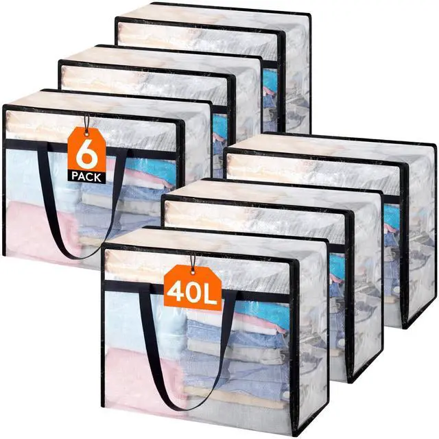 Main image of 6 Pack Clear Blanket Storage Bags, Foldable Plastic Clothes Organizer with Zipper, Closet Organization Containers and Moving Bag for Comforter, Bedding, Duvet, 40L