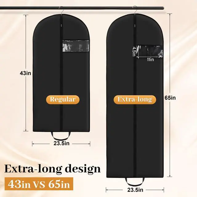 Alt view image 2 of 7 - 6-Pack Garment Bags for Dresses & Gowns 65 x 23 Suit Bag for Closet Storage, Black Hanging Clothes Cover with Handles for Travel, Waterproof, Dust-Proof