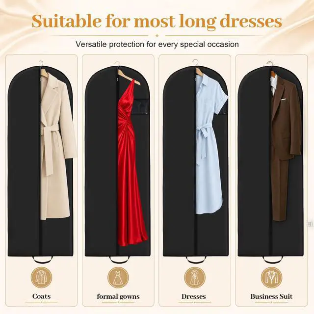 Alt view image 7 of 7 - 6-Pack Garment Bags for Dresses & Gowns 65 x 23 Suit Bag for Closet Storage, Black Hanging Clothes Cover with Handles for Travel, Waterproof, Dust-Proof