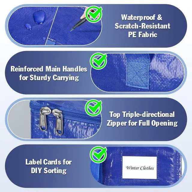 Alt view image 2 of 7 - 4-Pack Extra Large Moving Bags, Lightweight Blue Storage Totes 24 Gal (27"x13"x15"), Heavy Duty 55lb Capacity PE Packing Bags for College Dorm, Closet Organization & Space Saving