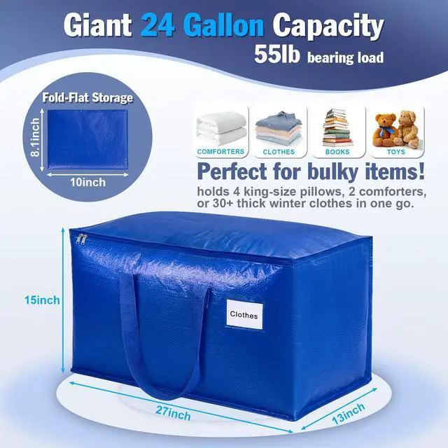 Alt view image 3 of 7 - 4-Pack Extra Large Moving Bags, Lightweight Blue Storage Totes 24 Gal (27"x13"x15"), Heavy Duty 55lb Capacity PE Packing Bags for College Dorm, Closet Organization & Space Saving