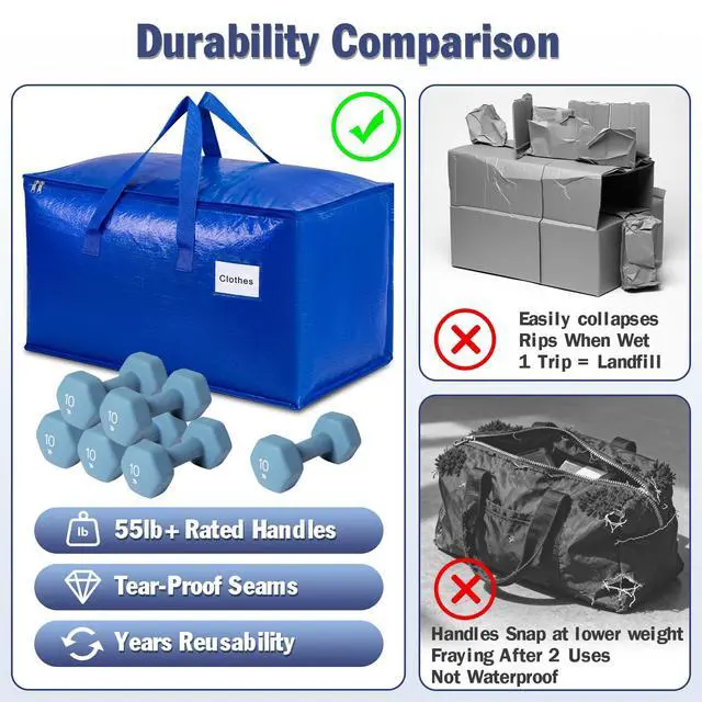 Alt view image 5 of 7 - 4-Pack Extra Large Moving Bags, Lightweight Blue Storage Totes 24 Gal (27"x13"x15"), Heavy Duty 55lb Capacity PE Packing Bags for College Dorm, Closet Organization & Space Saving