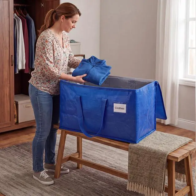 Alt view image 7 of 7 - 4-Pack Extra Large Moving Bags, Lightweight Blue Storage Totes 24 Gal (27"x13"x15"), Heavy Duty 55lb Capacity PE Packing Bags for College Dorm, Closet Organization & Space Saving
