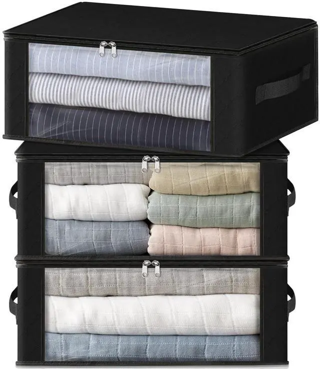 Main image of Storage 3-Pack Clothes Organizer Storage Bags Foldable Storage Box with Large Clear Window Sturdy Handles for Closet, Dorm, Pillows, Bedding, Clothes, Blankets, 35L, Black