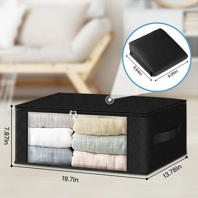 Alt view image 2 of 7 - Storage 3-Pack Clothes Organizer Storage Bags Foldable Storage Box with Large Clear Window Sturdy Handles for Closet, Dorm, Pillows, Bedding, Clothes, Blankets, 35L, Black