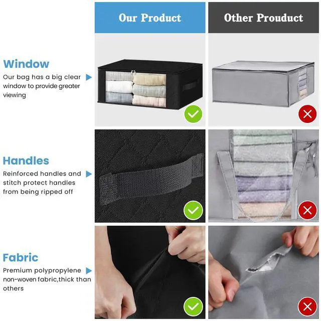 Alt view image 4 of 7 - Storage 3-Pack Clothes Organizer Storage Bags Foldable Storage Box with Large Clear Window Sturdy Handles for Closet, Dorm, Pillows, Bedding, Clothes, Blankets, 35L, Black