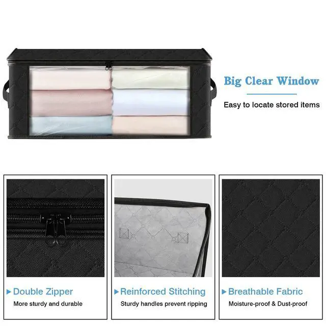 Alt view image 3 of 7 - Storage 3-Pack Clothes Organizer Storage Bags Foldable Storage Box with Large Clear Window Sturdy Handles for Closet, Dorm, Pillows, Bedding, Clothes, Blankets, 35L, Black