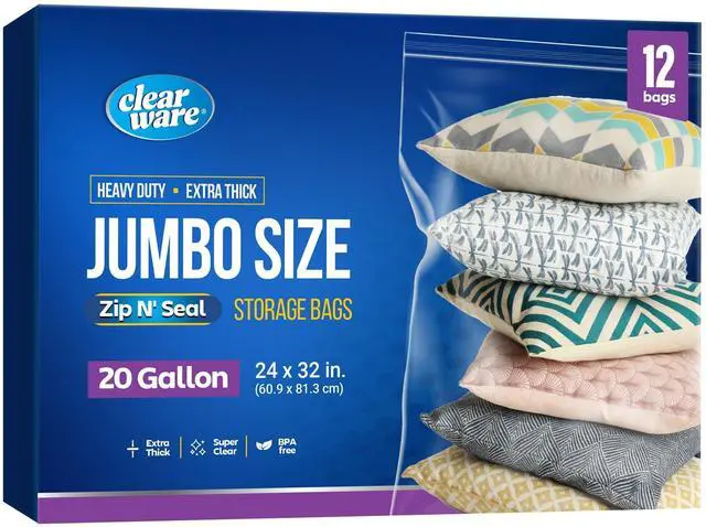 Main image of 12 Count - Large Plastic Bags With Zipper Top, 20 Gallon Size 24" x 32", Extra Large Storage Bags, For Clothes, Travel, Moving, BPA-Free, Heavy Duty 3-Mil Thick