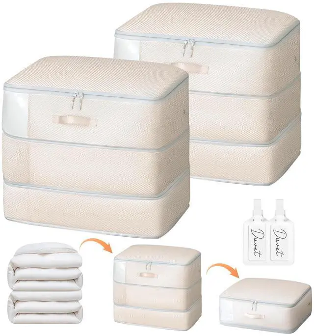 Main image of Comforter Storage Bag - Large Capacity Blanket Storage Bags 3-Layer Ultra Space Saving Self Compression Organizer, Washable Compression Bags for Storage Comforter Blanket, 2-Pack, Beige