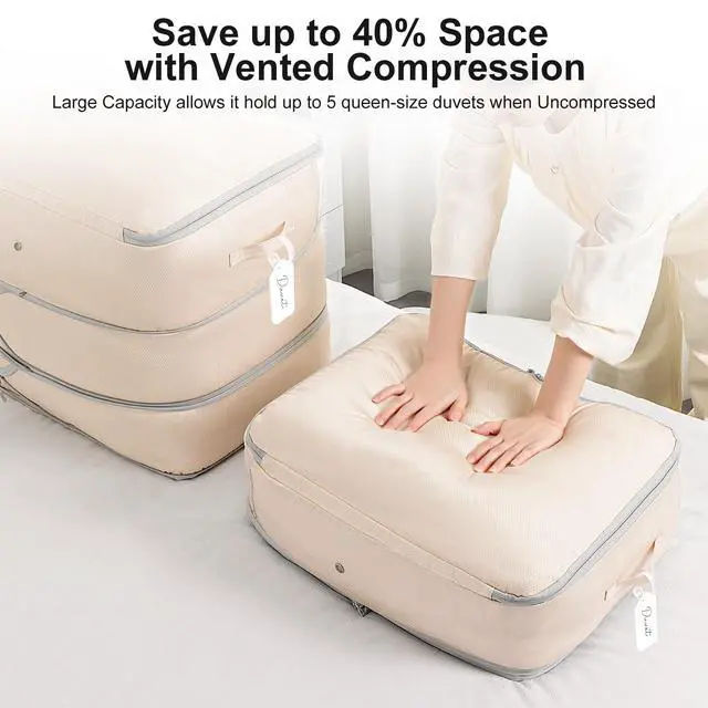 Alt view image 3 of 7 - Comforter Storage Bag - Large Capacity Blanket Storage Bags 3-Layer Ultra Space Saving Self Compression Organizer, Washable Compression Bags for Storage Comforter Blanket, 2-Pack, Beige