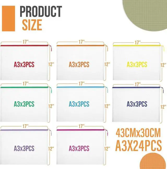 Alt view image 3 of 7 - 24pcs Mesh Zipper Pouch File Bags Puzzle Storage Bags, A3 17x12 Inches Large Reusable Zipper Pouches for Organizing Classroom Board Game Organization