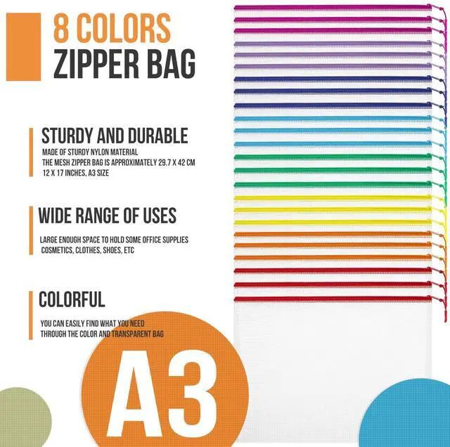 Alt view image 7 of 7 - 24pcs Mesh Zipper Pouch File Bags Puzzle Storage Bags, A3 17x12 Inches Large Reusable Zipper Pouches for Organizing Classroom Board Game Organization