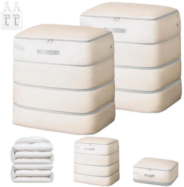 Main image of Comforter Storage Bag - 130L Large Capacity Blanket Storage Bags 4-Layer Ultra Space Saving Self Compression Organizer, Washable Compression Bags for Storage Comforter Blanket, 2-Pack, Beige
