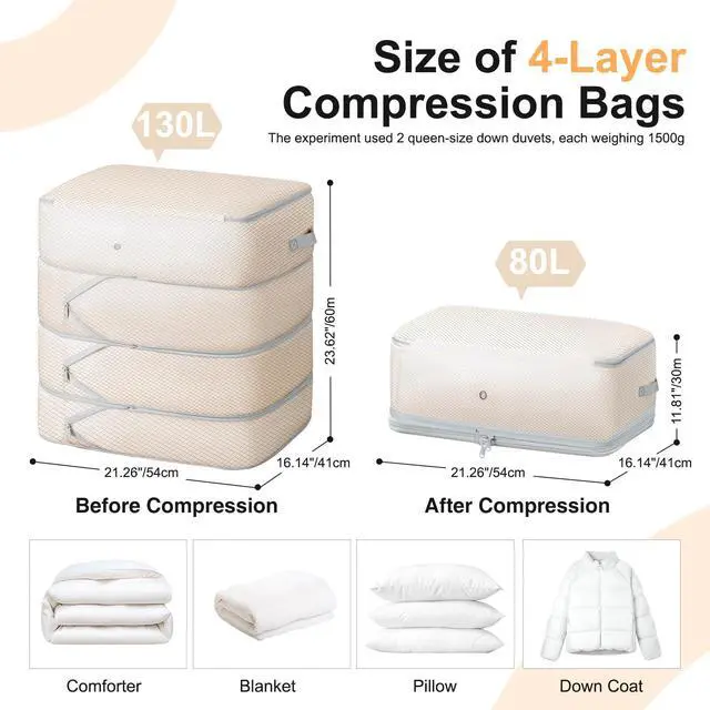 Alt view image 2 of 7 - Comforter Storage Bag - 130L Large Capacity Blanket Storage Bags 4-Layer Ultra Space Saving Self Compression Organizer, Washable Compression Bags for Storage Comforter Blanket, 2-Pack, Beige