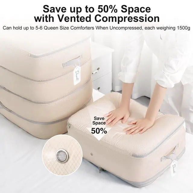 Alt view image 3 of 7 - Comforter Storage Bag - 130L Large Capacity Blanket Storage Bags 4-Layer Ultra Space Saving Self Compression Organizer, Washable Compression Bags for Storage Comforter Blanket, 2-Pack, Beige