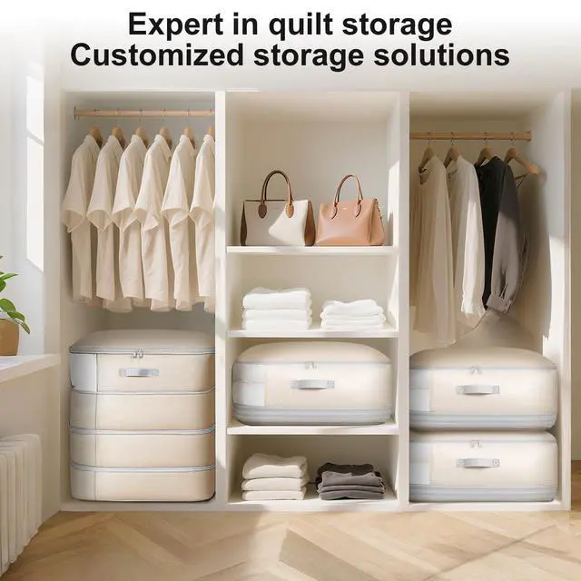 Alt view image 6 of 7 - Comforter Storage Bag - 130L Large Capacity Blanket Storage Bags 4-Layer Ultra Space Saving Self Compression Organizer, Washable Compression Bags for Storage Comforter Blanket, 2-Pack, Beige