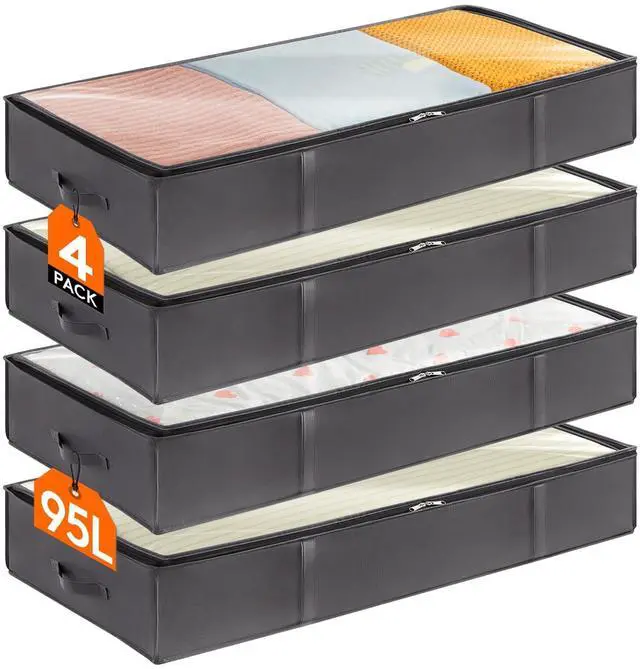 Main image of 95L 4 Pack Under Bed Storage Containers, Large Capacity Blanket Storage Bags with Reinforced Handle, Organization and Storage for Comforters, Sheets, Clothes, Bedroom, College Dorm, Grey