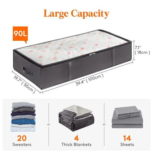 Alt view image 2 of 7 - 95L 4 Pack Under Bed Storage Containers, Large Capacity Blanket Storage Bags with Reinforced Handle, Organization and Storage for Comforters, Sheets, Clothes, Bedroom, College Dorm, Grey
