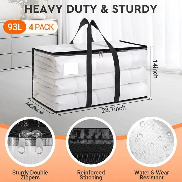 Alt view image 2 of 7 - Clear Moving Bags Heavy Duty 4 Pack, Storage Bags with Zipper, Extra Reinforced Handles & Waterproof Packing Boxes for Moving, Camping, Home Organization 93L/24Gal (28.7"x14.2"x14")