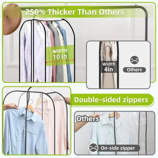 Alt view image 3 of 6 - 6 Pack Clear Garment Bags for Hanging Clothes with Zippers on Double Sides - 10'' Clothes Storage for Coat, Dress, and Fur in Closet - 40'' Long Suit Bags