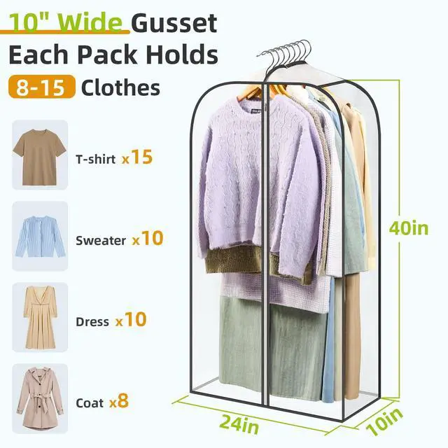 Alt view image 2 of 6 - 6 Pack Clear Garment Bags for Hanging Clothes with Zippers on Double Sides - 10'' Clothes Storage for Coat, Dress, and Fur in Closet - 40'' Long Suit Bags