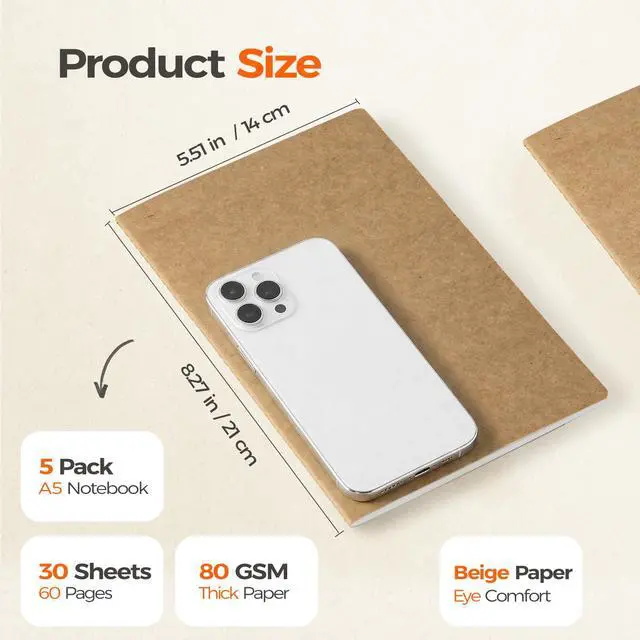 Alt view image 2 of 7 - 5 Pack Kraft Notebooks Bulk A5, 60 Pages Lined Ruled Journals, 8.3x5.5 Inches, Natural Kraft Cover Composition Notebooks for School Office Students Artists