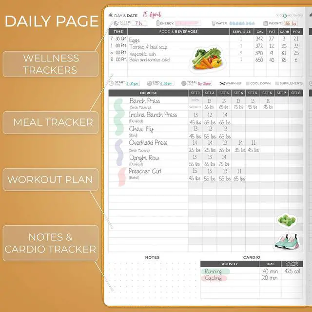 Alt view image 3 of 6 - Fitness Journal PRO Daily Workout Planner with Meal Planner & Habit Tracker Gym Exercise Log Book for Women & Men Fitness Planner Notebook Lasts 6 Months, 7x10 - Amber Yellow