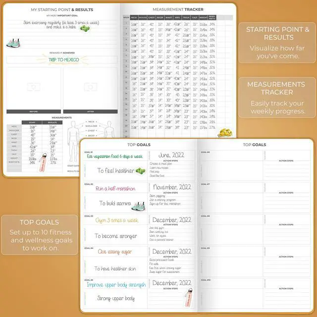 Alt view image 4 of 6 - Fitness Journal PRO Daily Workout Planner with Meal Planner & Habit Tracker Gym Exercise Log Book for Women & Men Fitness Planner Notebook Lasts 6 Months, 7x10 - Amber Yellow