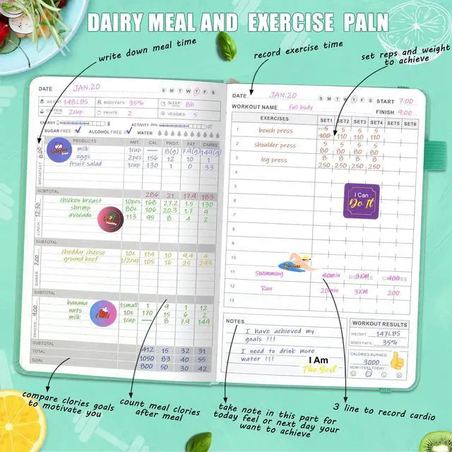 Alt view image 3 of 5 - Food and Fitness Journal Hardcover Wellness Planner Workout Journal for Women Men to Track Meal and Exercise Count Calories Weight Loss Diet Training Weight Loss Tracker Undated Home and Gym