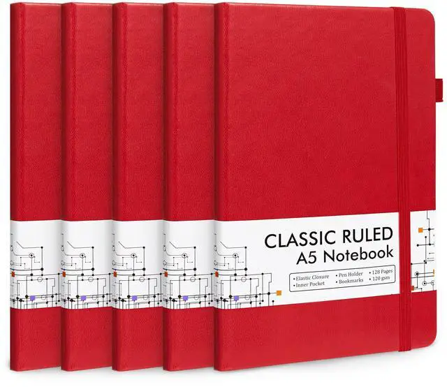 Main image of 5 Pack Journal Notebook Bulk for School, Feela Hardcover Business Notebooks Classic Ruled Lined Journals with Pen Holder for Work Note Taking, with 5 Black Pens, 120 GSM, 5.1x8.3, A5, Red