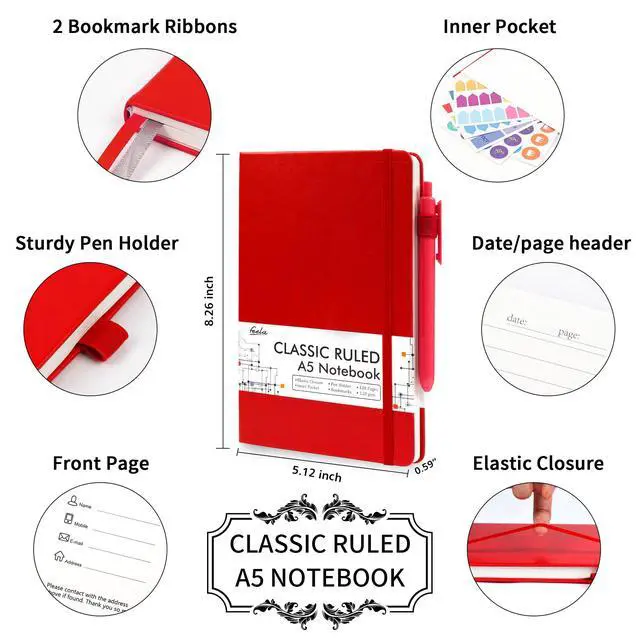 Alt view image 2 of 7 - 5 Pack Journal Notebook Bulk for School, Feela Hardcover Business Notebooks Classic Ruled Lined Journals with Pen Holder for Work Note Taking, with 5 Black Pens, 120 GSM, 5.1x8.3, A5, Red