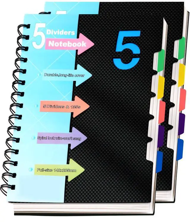 Main image of 2 Pack 5 Subject Notebook with Dividers 220 Pages Spiral Notebooks with Tabs 6x8 A5 Spiral Bound Journal for Note Taking Work School Supplies, Wide Ruled, Black