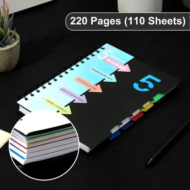 Alt view image 5 of 7 - 2 Pack 5 Subject Notebook with Dividers 220 Pages Spiral Notebooks with Tabs 6x8 A5 Spiral Bound Journal for Note Taking Work School Supplies, Wide Ruled, Black