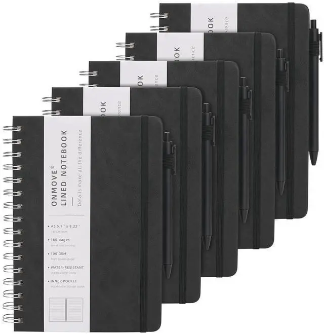 Main image of Spiral Notebooks Journal for Women Men 5 Pack Bulk Leather Hardcover with Pen Holder A5 160 Pages 100 GSM Thick Paper for Work School (Black)