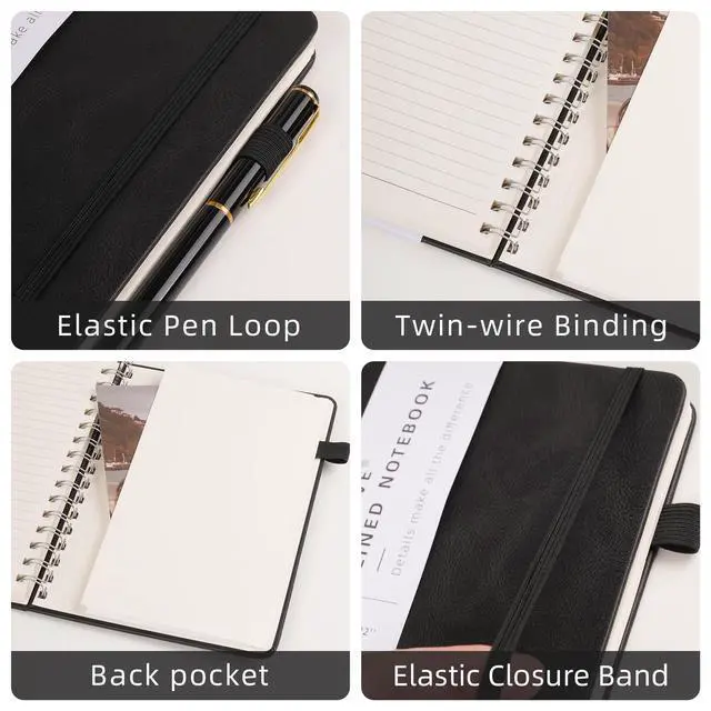 Alt view image 3 of 6 - Spiral Notebooks Journal for Women Men 5 Pack Bulk Leather Hardcover with Pen Holder A5 160 Pages 100 GSM Thick Paper for Work School (Black)