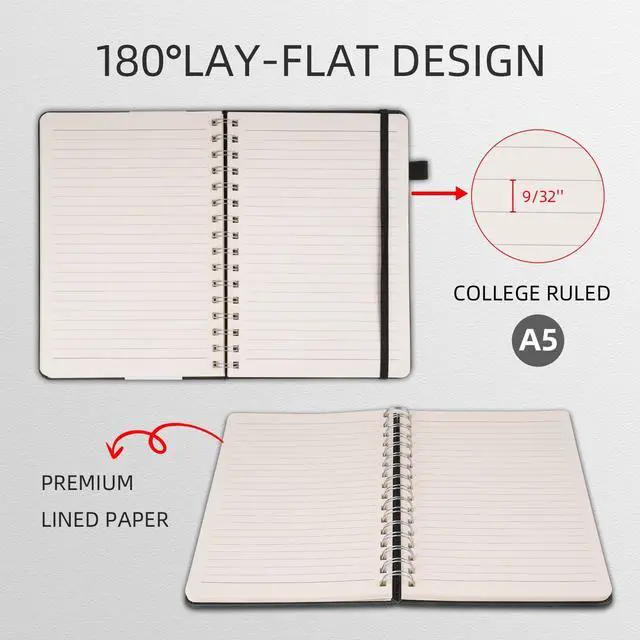 Alt view image 4 of 6 - Spiral Notebooks Journal for Women Men 5 Pack Bulk Leather Hardcover with Pen Holder A5 160 Pages 100 GSM Thick Paper for Work School (Black)