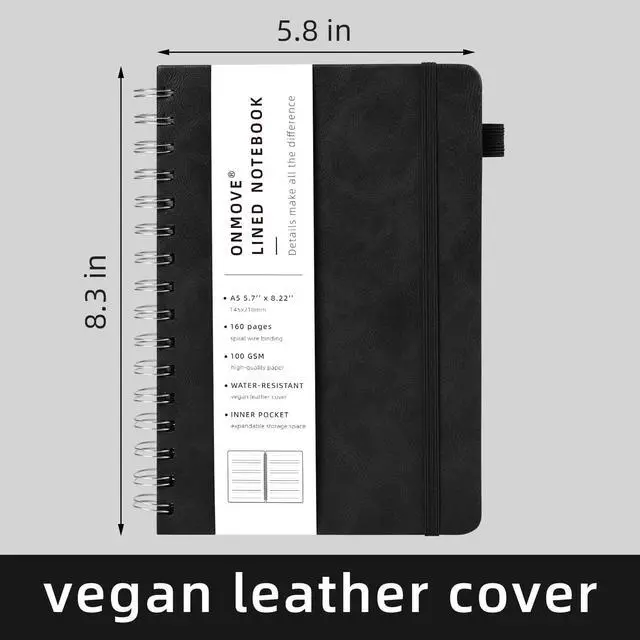 Alt view image 2 of 6 - Spiral Notebooks Journal for Women Men 5 Pack Bulk Leather Hardcover with Pen Holder A5 160 Pages 100 GSM Thick Paper for Work School (Black)