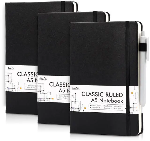 Main image of 3 Pack Notebooks Journals Bulk with 3 Black Pens, A5 Hardcover Notebook Classic Ruled Lined Journal Set with Pen Holder for Work Business Journaling Note Taking, 120 GSM, 5.1x8.3, Black