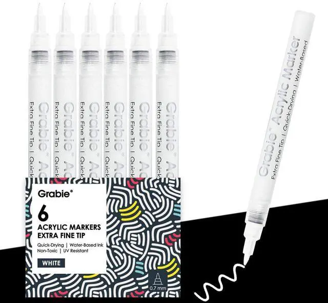 Main image of 6 White Acrylic Paint Markers, 0.7mm Extra Fine Tip Acrylic Paint Pens for Drawing, Coloring Books for Adults