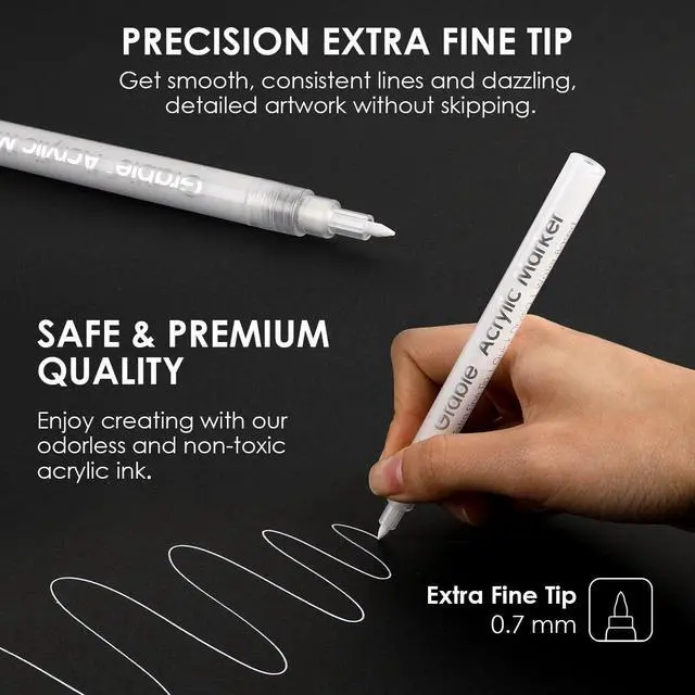Alt view image 3 of 7 - 6 White Acrylic Paint Markers, 0.7mm Extra Fine Tip Acrylic Paint Pens for Drawing, Coloring Books for Adults