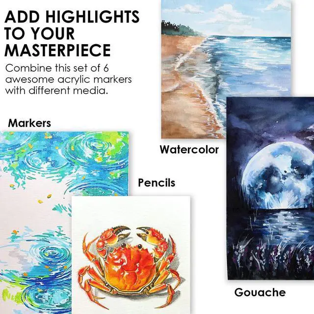 Alt view image 6 of 7 - 6 White Acrylic Paint Markers, 0.7mm Extra Fine Tip Acrylic Paint Pens for Drawing, Coloring Books for Adults