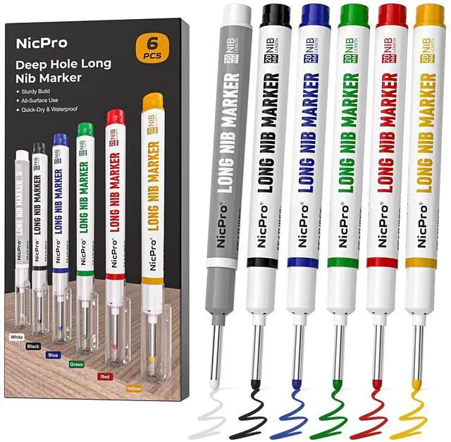 Main image of 6 PCS Long Nib Marker Pens, 20mm Deep Hole Marker, Quick Dry & Waterproof Construction Markers, Long Head Markers for Metal, Steel, Tile, Glass, Carpenter Marking Pen for Woodworking (Colorful)
