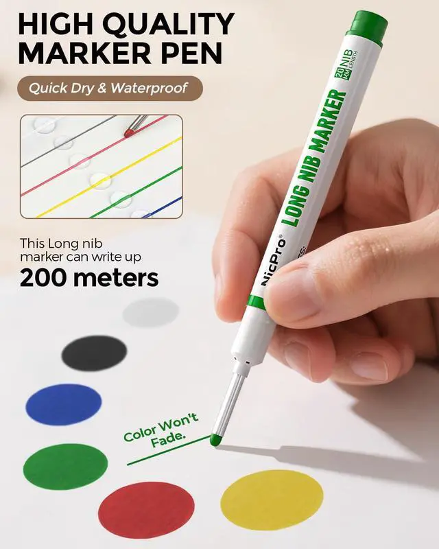 Alt view image 4 of 6 - 6 PCS Long Nib Marker Pens, 20mm Deep Hole Marker, Quick Dry & Waterproof Construction Markers, Long Head Markers for Metal, Steel, Tile, Glass, Carpenter Marking Pen for Woodworking (Colorful)