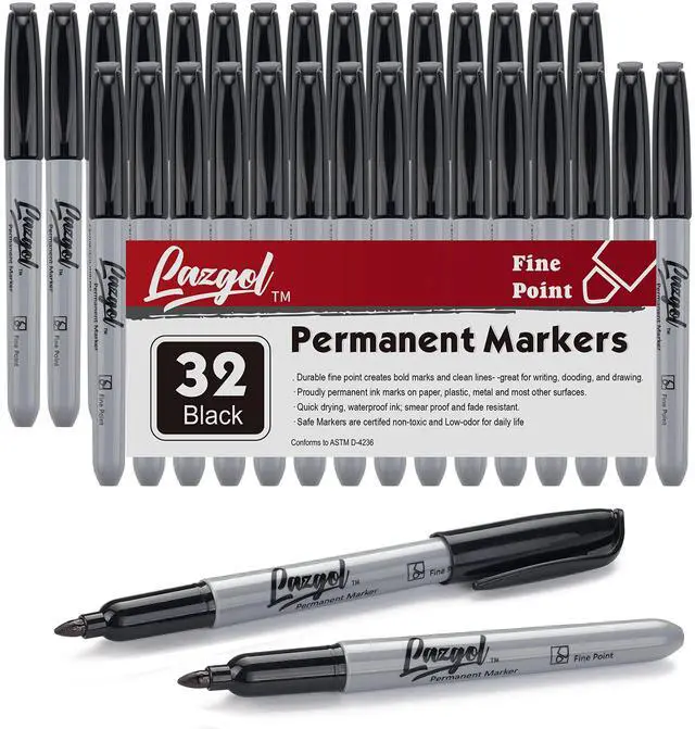 Main image of Permanent Markers Bulk, 32 Pack Black Permanent Marker Set, Fine Tip, Waterproof Markers, Premium Smear Proof Pens, Waterproof, Quick Drying, Office Supplies for School, Office, Home