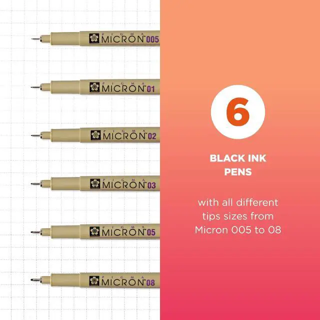 Alt view image 2 of 7 - Pigma Micron Fineliner Pens - Archival Black Ink Pens - Pens for Writing, Drawing, or Journaling - Assorted Point Sizes - 6 Pack