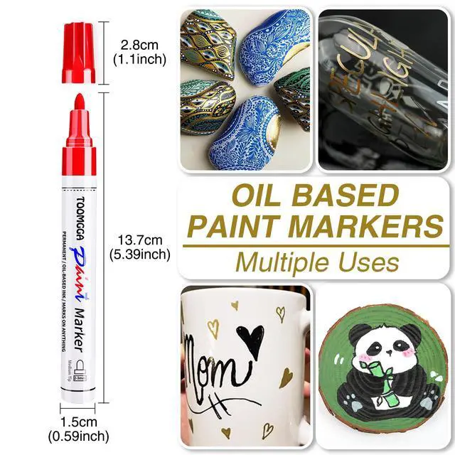Alt view image 6 of 7 - White Paint Pens Permanent Paint Markers - 2 Pack Oil Based Marking Pens, Medium Point, Quick Drying and Waterproof Pens for Rock Painting Car Tyre Metal, Plastic, Canvas, Wood, Glass