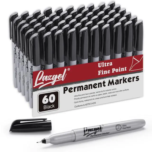Main image of Permanent Markers Bulk, Ultra Fine Point, 60 Pack Black 0.4 mm Permanent Marker set, Felt Tip Pens Works on Plastic, Wood, Stone, Metal and Glass for Doodling, Marking